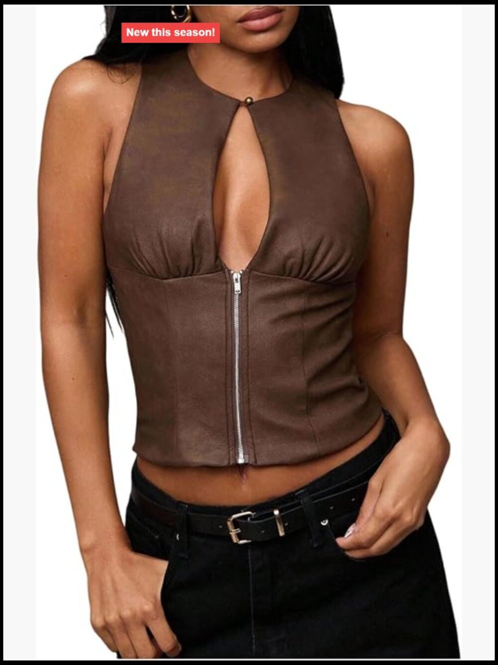 Women's Cut Out Half Zip Faux Leather Tank Top Sleeveless Crop Going Out